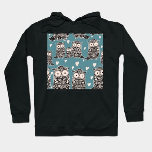 Folk Art Owls, Owlets and Hearts  Pattern on Teal Hoodie